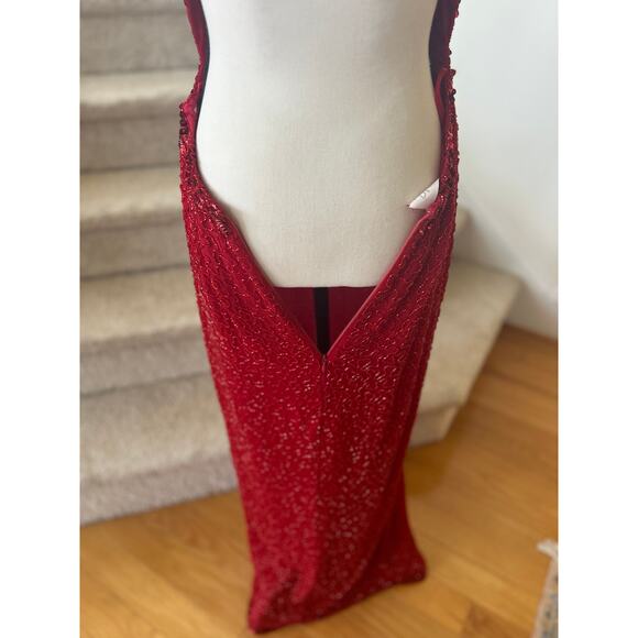 Vintage Y2K Cache Silk Red Beaded Backless Maxi Slit Gown - Picture 11 of 12